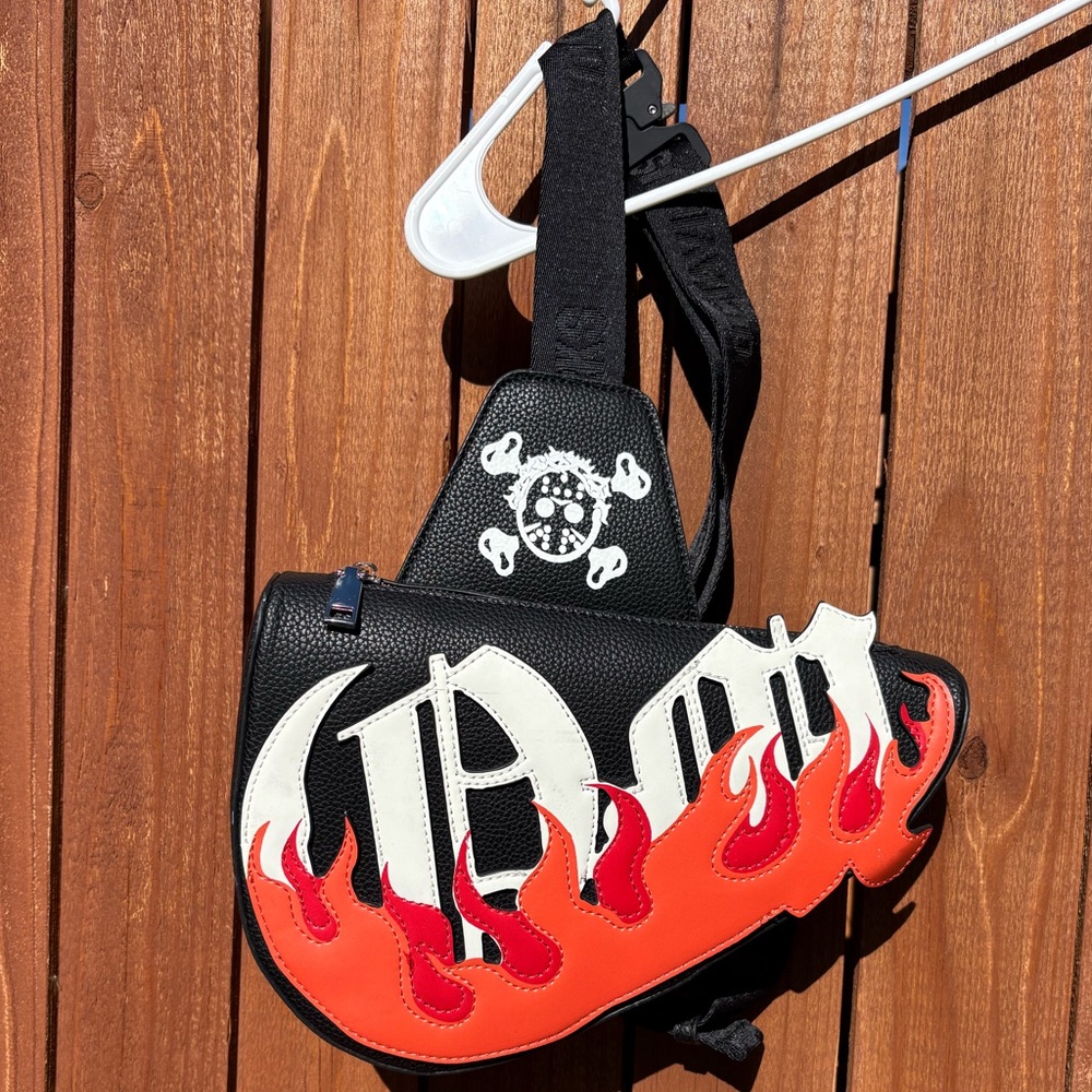 Octavious Marks Black and Red Flame Vegan Faux Leather Sling Bag